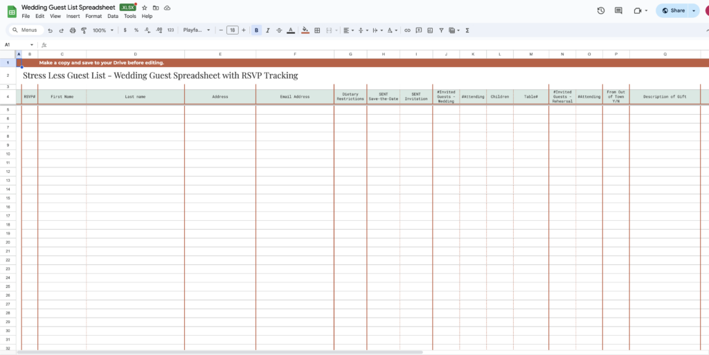 A neatly organized spreadsheet displaying guest names, RSVP statuses, and meal choices.